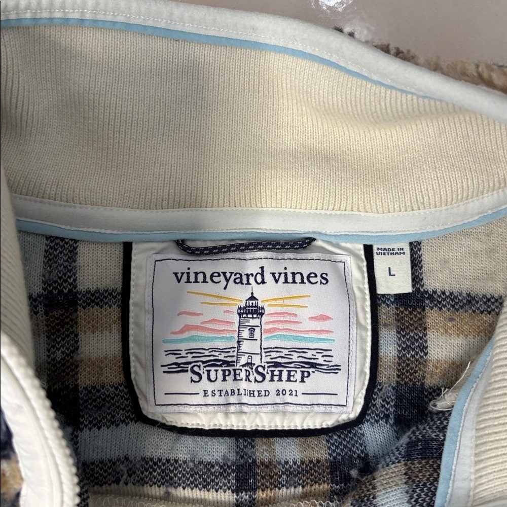 Vineyard Vines Blue & Cream Plaid Supershep Sherpa Fleece Quarter Zip. Large. - Picture 4 of 9